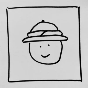 A hand-drawn smiley face, wearing a safari hat