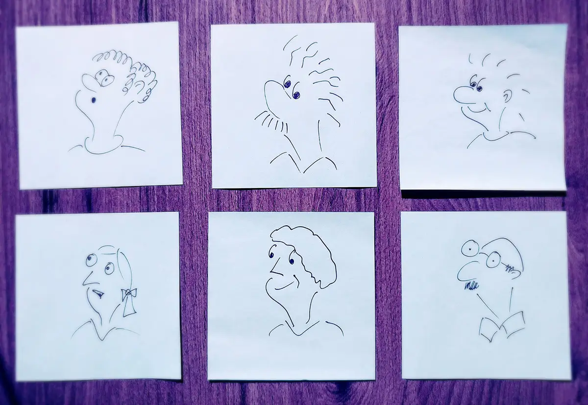 Six post-it notes with drawings of various people on them